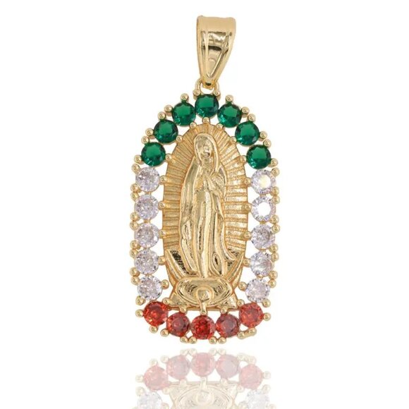 14K GP Virgin of Guadalupe Pendant Cubic Zirconia Figaro Link Chain 18-24-Inch - Picture 3 of 4